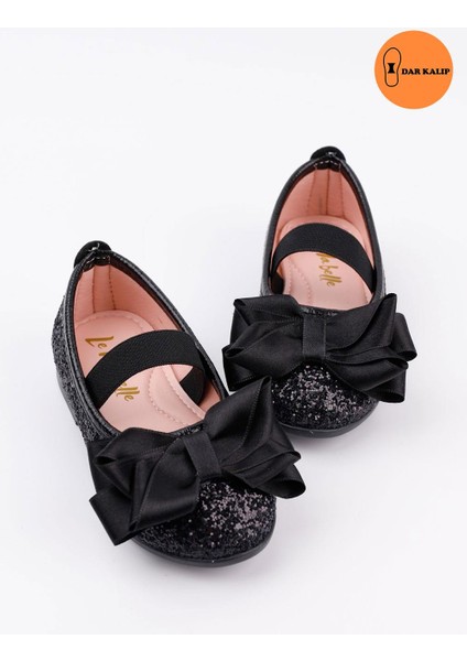 Siyah Simli Fiyonklu Kız Çocuk Ayakkabı Düz Tabanlı Şık Tasarım