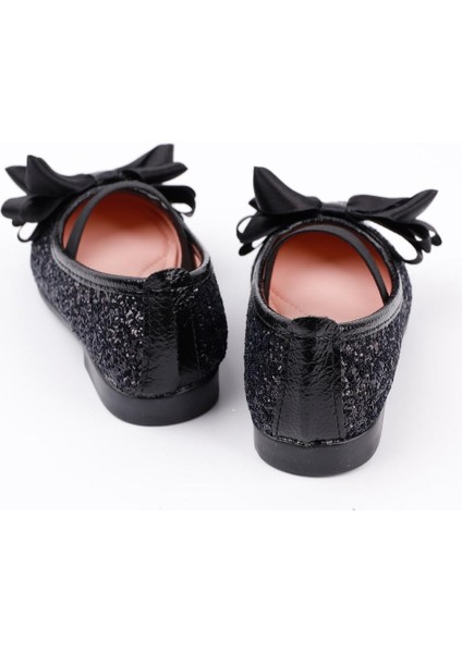 Siyah Simli Fiyonklu Kız Çocuk Ayakkabı Düz Tabanlı Şık Tasarım modelleri
