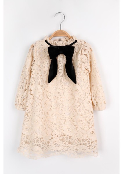 Krem Güpür Fiyonklu Kız Çocuk Elbise - Bessie modelleri