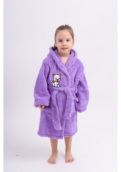 Kedi Nakışlı Lila Kız Genç Çocuk Welsoft Peluş Polar Sabahlık