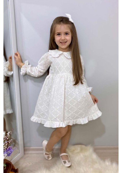 Beyaz Uzun Kollu Fisto Yaka Detaylı Kız Çocuk Elbise - Jesicca