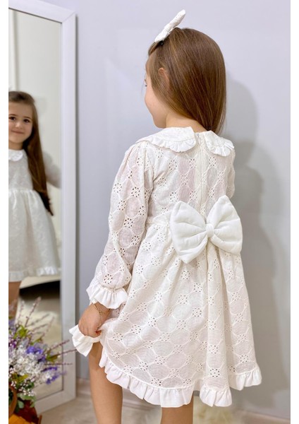 Beyaz Uzun Kollu Fisto Yaka Detaylı Kız Çocuk Elbise - Jesicca fiyatları