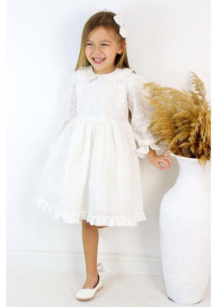 Beyaz Uzun Kollu Fisto Yaka Detaylı Kız Çocuk Elbise - Jesicca modelleri
