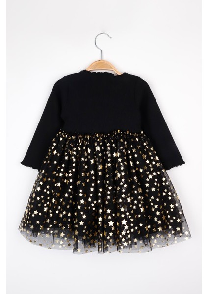 Siyah Yıldız Baskılı Tül Etekli Kız Çocuk Elbise - Karen modelleri
