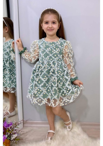 Yeşil Uzun Kollu Papatyalı Tül Detaylı Kız Çocuk Elbise - Hera