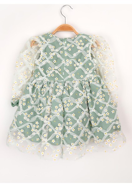 Yeşil Uzun Kollu Papatyalı Tül Detaylı Kız Çocuk Elbise - Hera modelleri