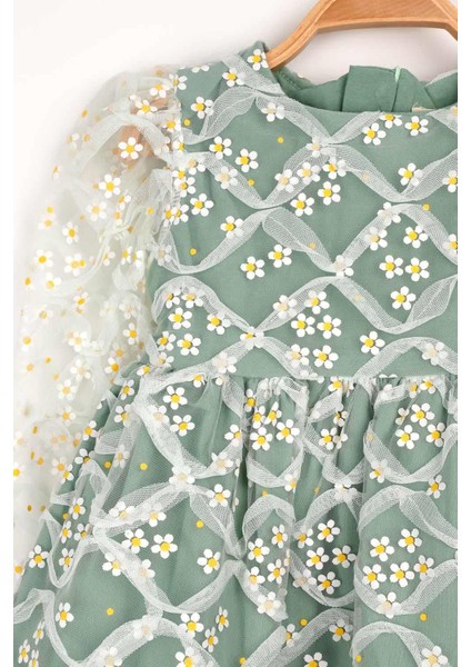 Yeşil Uzun Kollu Papatyalı Tül Detaylı Kız Çocuk Elbise - Hera fırsatları