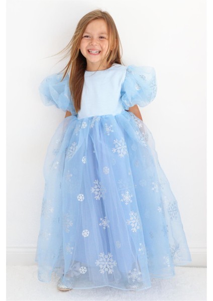 Mavi Yıldızlı Tül Etekli Kız Çocuk Elbise - Elsa