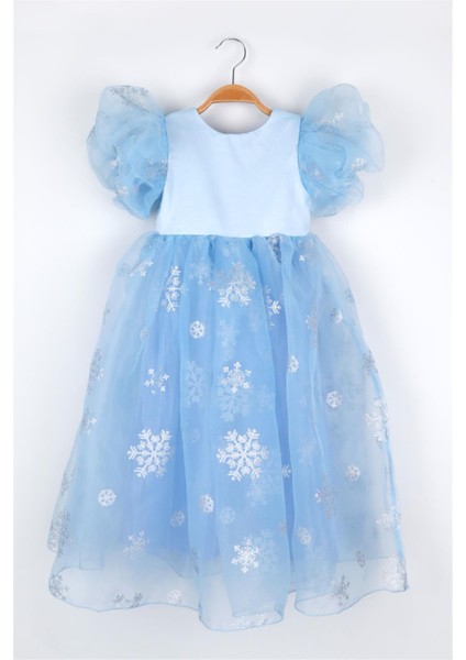 Mavi Yıldızlı Tül Etekli Kız Çocuk Elbise - Elsa modelleri