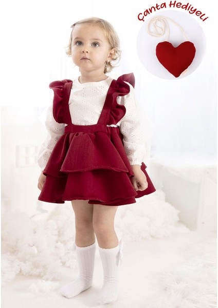 Bordo Uzun Kollu Askılı Etek Bluz Takım - Nessa