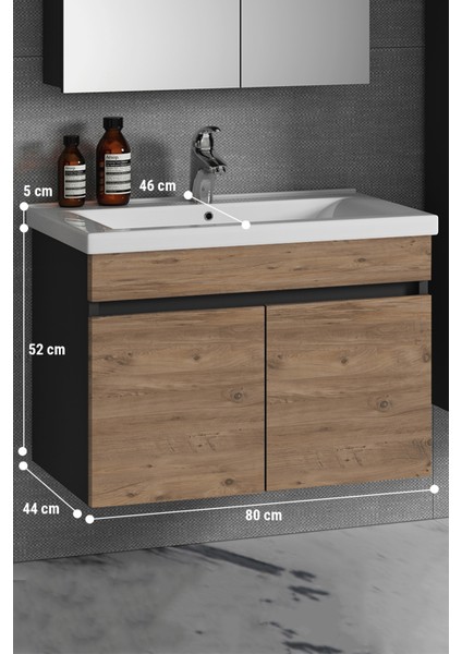 Çiğdem 80 cm Antrasit Gri Mat-Atlantik Çam Mdf Seramik Lavabolu Asma Banyo Alt Dolabı