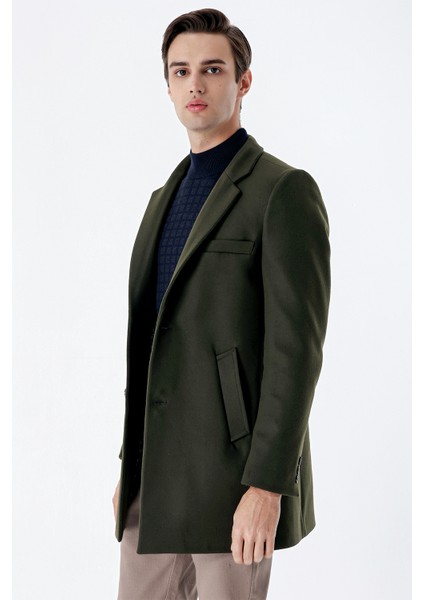 Koyu Haki Kaşe Mono Yaka Kapitoneli Astar Slim Fit Dar Kesim Klasik Kaban 1008235171
