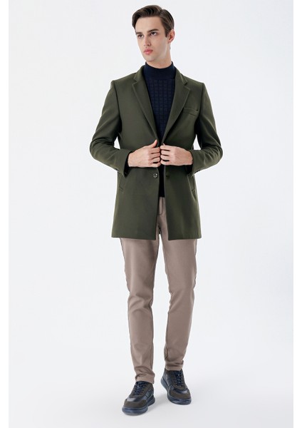 Koyu Haki Kaşe Mono Yaka Kapitoneli Astar Slim Fit Dar Kesim Klasik Kaban 1008235171