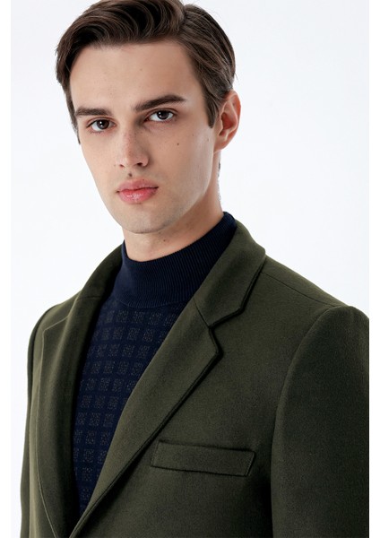 Koyu Haki Kaşe Mono Yaka Kapitoneli Astar Slim Fit Dar Kesim Klasik Kaban 1008235171