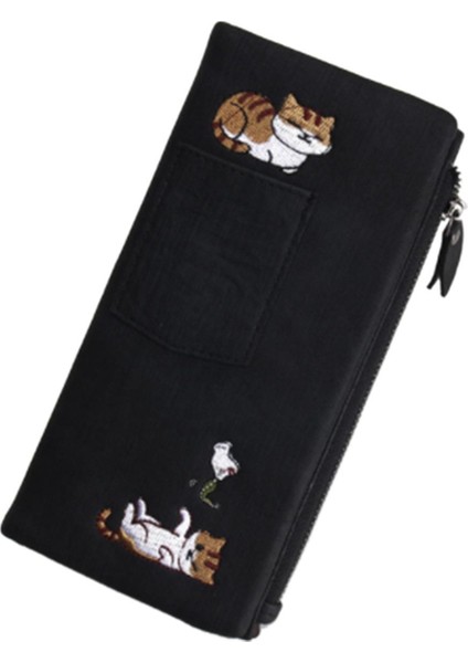 Sevimli Kedi Kot Tarzı Kadın Cüzdan Uzun Fermuar Kız Yüksek Dereceli Pu Deri Telefon Kılıfı Kadın Kartlıklı Cüzdan Siyah (Yurt Dışından)