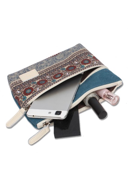 Vintage Kanvas Bozuk Para Cüzdanı Fermuarlı Debriyaj Çanta Kadın Kozmetik Telefon Tutucu Cüzdan (Yurt Dışından)
