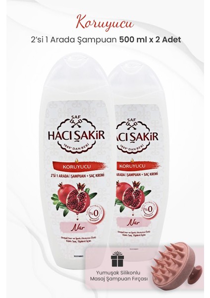 Nar 2 si 1 Arada Şampuan Koruyucu 500 ml x 2 Adet ve Şampuan Fırçası Pembe