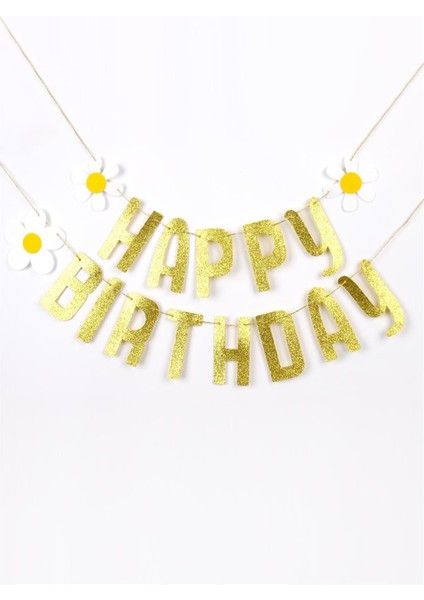 Le Mabelle Gold Simli Papatyalı Happy Birthday Banner