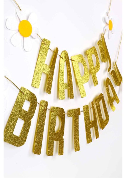 Le Mabelle Gold Simli Papatyalı Happy Birthday Banner