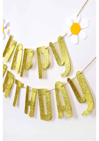 Le Mabelle Gold Simli Papatyalı Happy Birthday Banner