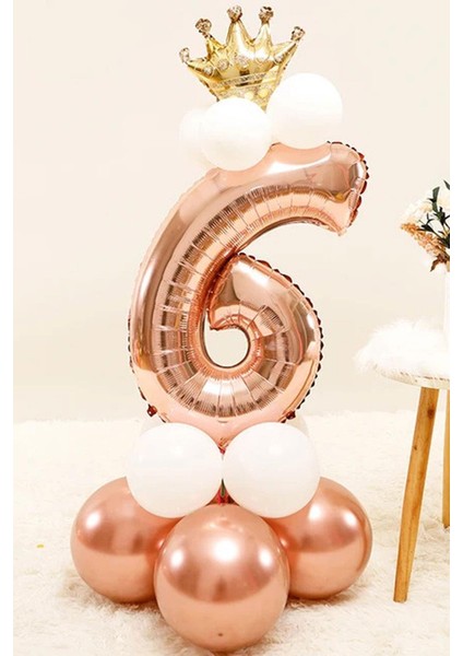 Rose 6 Rakamı Taçlı Balon Set