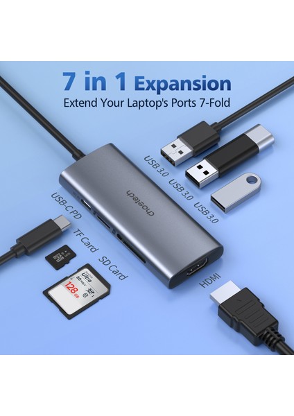 7'si 1 Arada Çok Bağlantı Noktalı USB C Tipi Adaptörü HUB-M19-GY