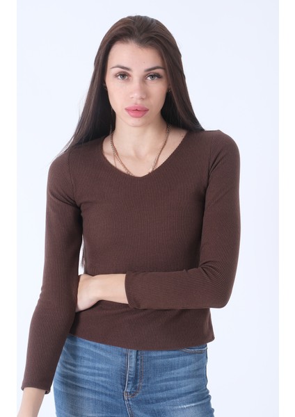 Kahve Örme V Yaka Kazak 0103012.05