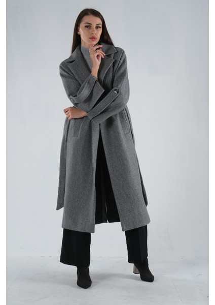 Gri Önden Düğmeli Oversize Örme Kaşe Kaban 0108081.06