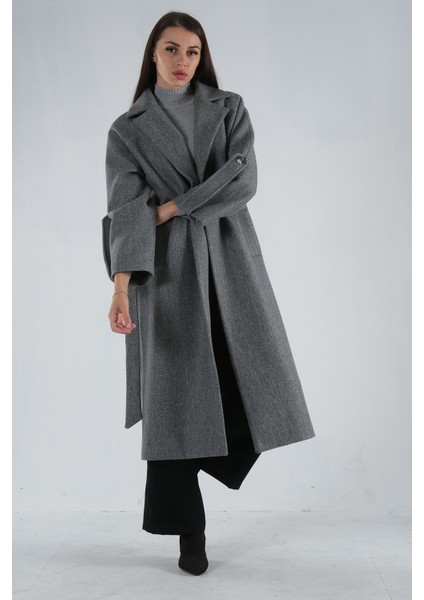 Gri Önden Düğmeli Oversize Örme Kaşe Kaban 0108081.06 modelleri