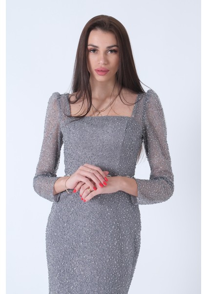 Gri Taş Işlemeli Balık Abiye Elbise 9705141.06