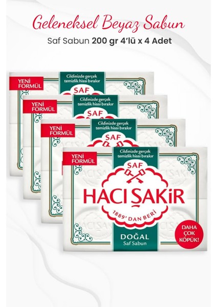 Hacı Şakir Doğal Saf Geleneksel Beyaz Sabun 4 x 200 gr x 4 Adet