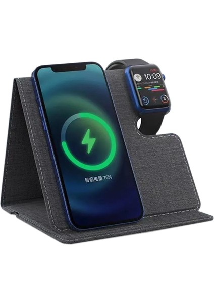 Coverzone iPhone Uyumlu Watch Uyumlu 3+1 Kablosuz Saat Kulaklık Hızlı Şarj Cihazı Stand Ev Ofis Tip Hem Telefon ve Saat Stand Stand Hem Şarj Istasyonu WC36