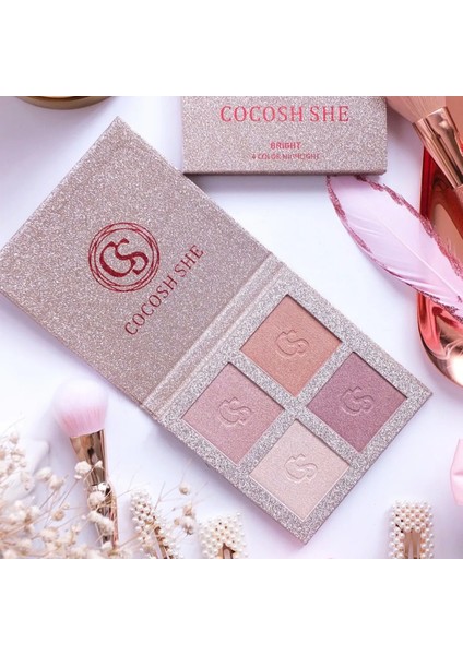 Bright 4 Renk Aydınlatıcı Highlighter Paleti, Yüksek Pigmentasyon, Yumuşak Doku, Gün Boyu Kalıcılık