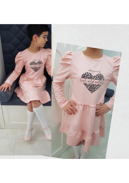 5-11 Yaş Kız Çocuk Elbise Penye Baskılı Pembe 4-5 Yaş Pembe