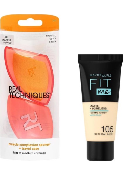 RT-1711 Mucize Makyaj Süngeri ve Maybelline New York Fit Me Matte+Poreless Fondöten 105 Natural Ivory 2li Set