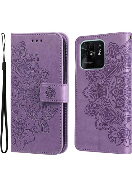 Xiaomi Için Redmi 10C/REDMI 10 (Hindistan) Kayış Tasarımı Anti-Fall Çiçek Baskı Cüzdan Deri Deri Standı Manyetik Telefon Kasa Işık Mor (Yurt Dışından) fiyatları