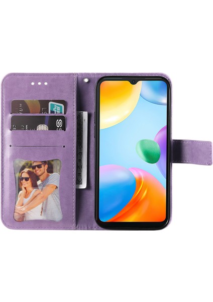 Xiaomi Için Redmi 10C/REDMI 10 (Hindistan) Kayış Tasarımı Anti-Fall Çiçek Baskı Cüzdan Deri Deri Standı Manyetik Telefon Kasa Işık Mor (Yurt Dışından) modelleri