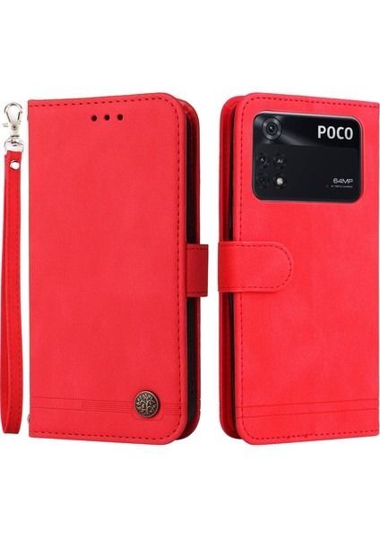 Xiaomi Poco M4 Için Pro Tree Desen Metal Düğmesi Deri Deri Telefon Kılıfı Çarpışma Karşıtı Stand Cüzdan Kapağı Strap-Red ile (Yurt Dışından) fiyatları