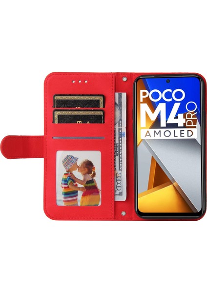 Xiaomi Poco M4 Için Pro Tree Desen Metal Düğmesi Deri Deri Telefon Kılıfı Çarpışma Karşıtı Stand Cüzdan Kapağı Strap-Red ile (Yurt Dışından) modelleri