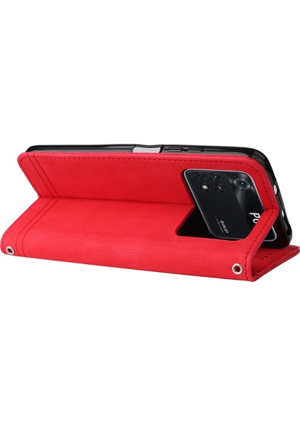 Xiaomi Poco M4 Için Pro Tree Desen Metal Düğmesi Deri Deri Telefon Kılıfı Çarpışma Karşıtı Stand Cüzdan Kapağı Strap-Red ile (Yurt Dışından) indirimleri