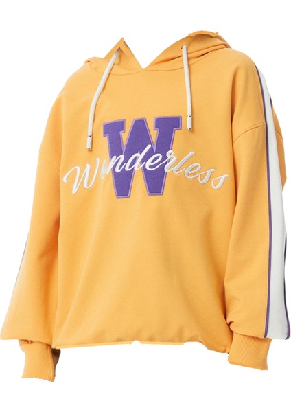 Kız Çocuk Wonderless Yazı Desenli Kolları Şeritli Kapüşonlu Hardal Sweatshirt