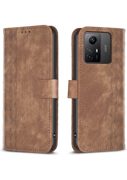 Xiaomi Için Redmi Note 12S 4g Telefon Kapağı Izgara Deseni Baskılı Stand Cüzdan Pu Deri Telefon Kahverengi (Yurt Dışından)
