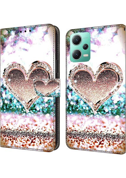 Xiaomi Redmi Için Telefon Kılıfı Not 12 5g (Çin)/(Hindistan)/(Global)/poco X5 5g, Pu Deri 3D Desen Stand Flip Cüzdan Kapak-Pembe Elmas Kalp (Yurt Dışından) fiyatları