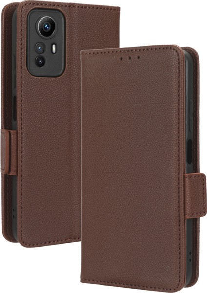Xiaomi Redmi Için Litchi Doku Deri Kılıfı Not 12S 4g, Katlanabilir Stand Telefon Cüzdan Kapak-Kahverengi (Yurt Dışından)