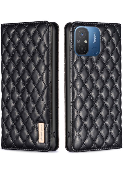 Xiaomi Redmi Için 12C 4g Baskılı Rhombus Pu Deri Kılıf Kart Tutucu Manyetik Emilim Telefon Kapağı Black (Yurt Dışından)