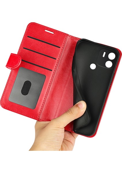 Xiaomi Için Redmi A1+ 4g/a2+ 4g/poco C50 4g Pu Deri Deri Stand Folio Flip Telefon Kılıf Çılgın At Dokusu Manyetik Kapak Kapak-Kırmızı (Yurt Dışından) fırsatları
