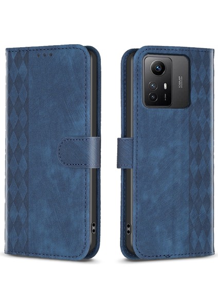 Xiaomi Için Redmi Note 12S 4g Telefon Kapağı Izgara Deseni Baskılı Stand Cüzdan Pu Deri Telefon Kılıf Mavisi (Yurt Dışından)