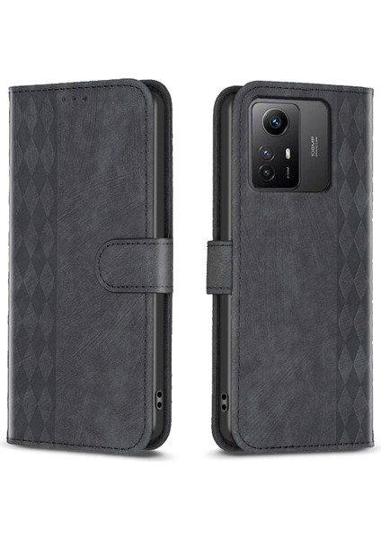 Xiaomi Için Redmi Note 12S 4g Telefon Kapağı Izgara Deseni Baskılı Stand Cüzdan Pu Deri Telefon Kılıf Black (Yurt Dışından)