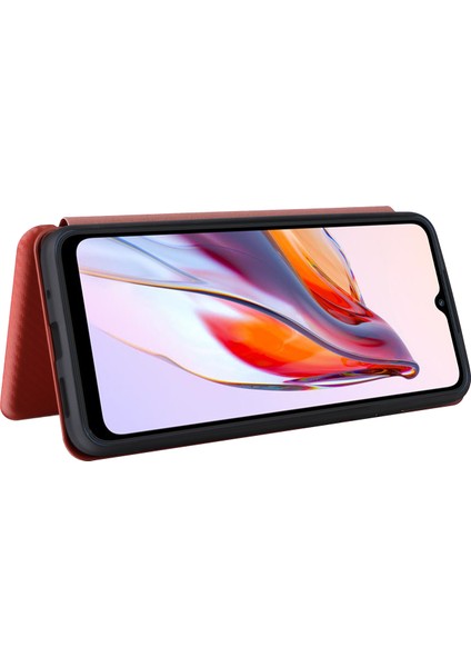 Xiaomi Redmi Için 12C 4g Telefon Kılıfı Tutucu Manyetik Otomatik Absorlanmış Karbon Fiber Doku Deri Deri Kapak Stand-Brown (Yurt Dışından) modelleri