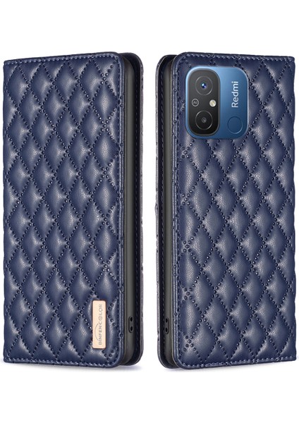 Xiaomi Redmi Için 12C 4g Baskılı Rhombus Pu Deri Kılıf Kart Tutucu Manyetik Emilim Telefon Kapak-Mavisi (Yurt Dışından)